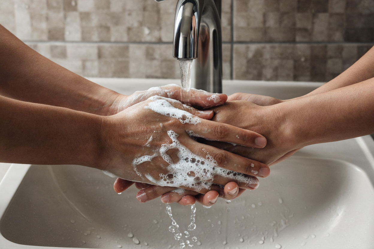 Person practicing proper hand hygiene by washing hands with soap.